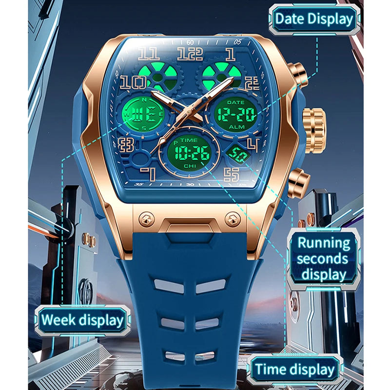 Blue and gold dual-display sports wristwatch with a tonneau case, analog hands, and digital screens.