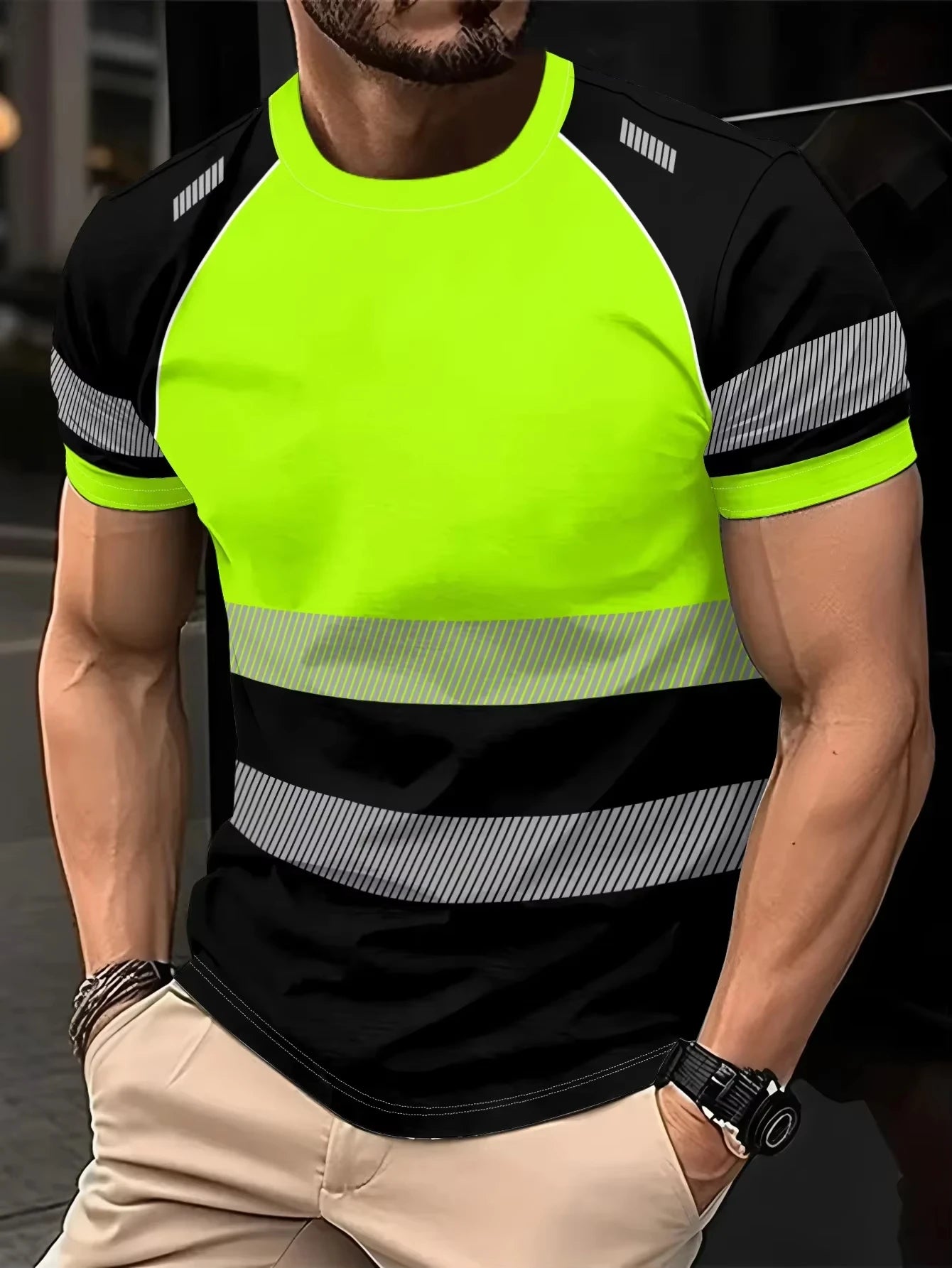 High-visibility work T-shirt in neon yellow and black with reflective strips on the chest, waist, and sleeves.