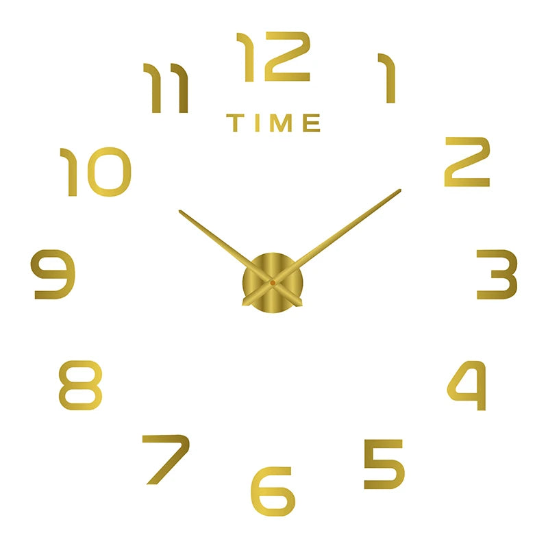 Large gold, frameless acrylic wall clock with modern numbers, central hands, and a 'TIME' label.