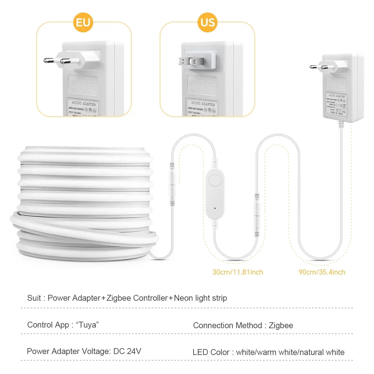 White smart LED neon strip light with Zigbee controller and power adapter. Supports app and voice control.