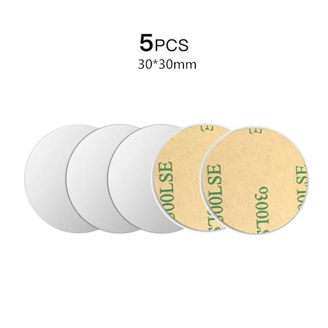 Five 30x30mm circular adhesive pads with white fronts and tan paper-backed peel-off stickers.
