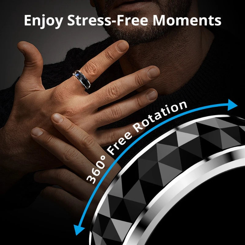 A man wearing a black-and-silver textured smart ring that rotates 360 degrees for stress relief and health tracking.