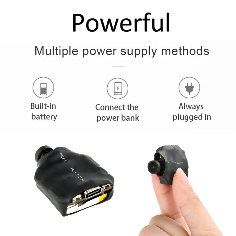 Small black mini camera module with a lens, USB-C port, and battery, shown from two angles.
