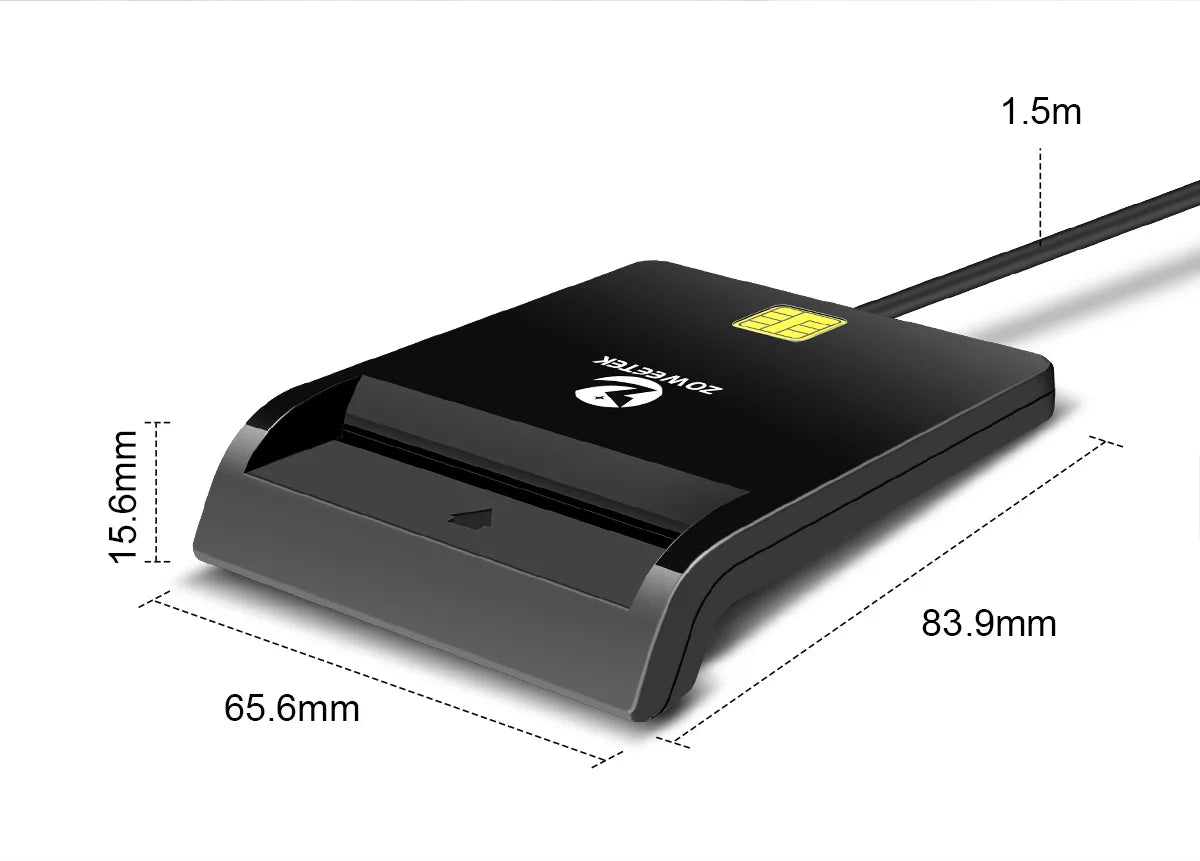 Black plastic smart card reader with 1.5m USB cable and dimensions labeled on a white background.