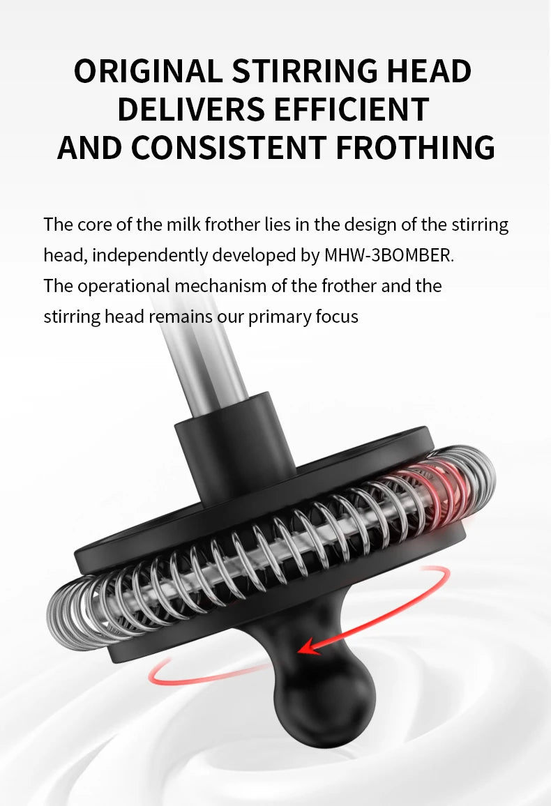 Black milk frother stirring head with a coiled stainless steel spring wire design and a rounded bottom tip.