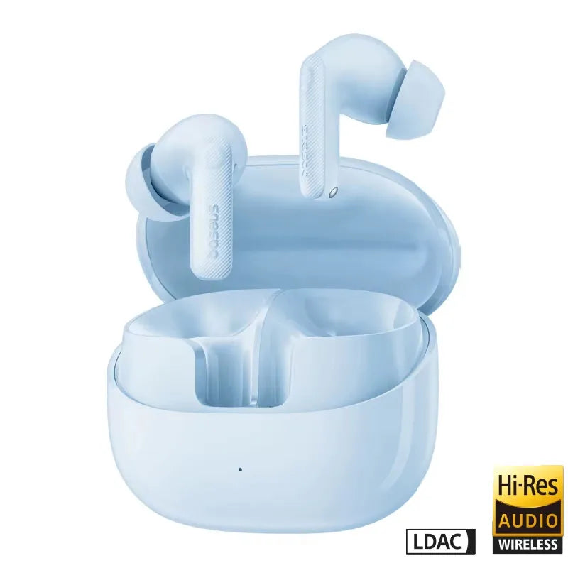 Light blue wireless earbuds with a matching open charging case and a sleek, modern design.