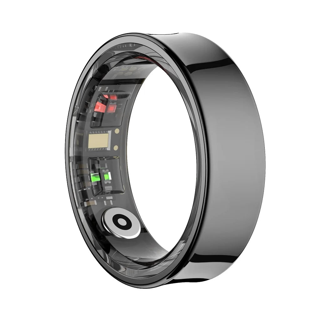 Sleek, glossy black smart health ring showing interior activity sensors and LED monitors against a white background.