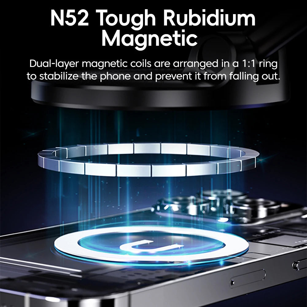 Black magnetic phone mount with dual-layer circular magnetic ring design, shown hovering over a smartphone.