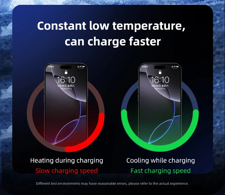 Two smartphones on a dark background. One has a red charging ring (slow), the other a green cooling ring (fast).