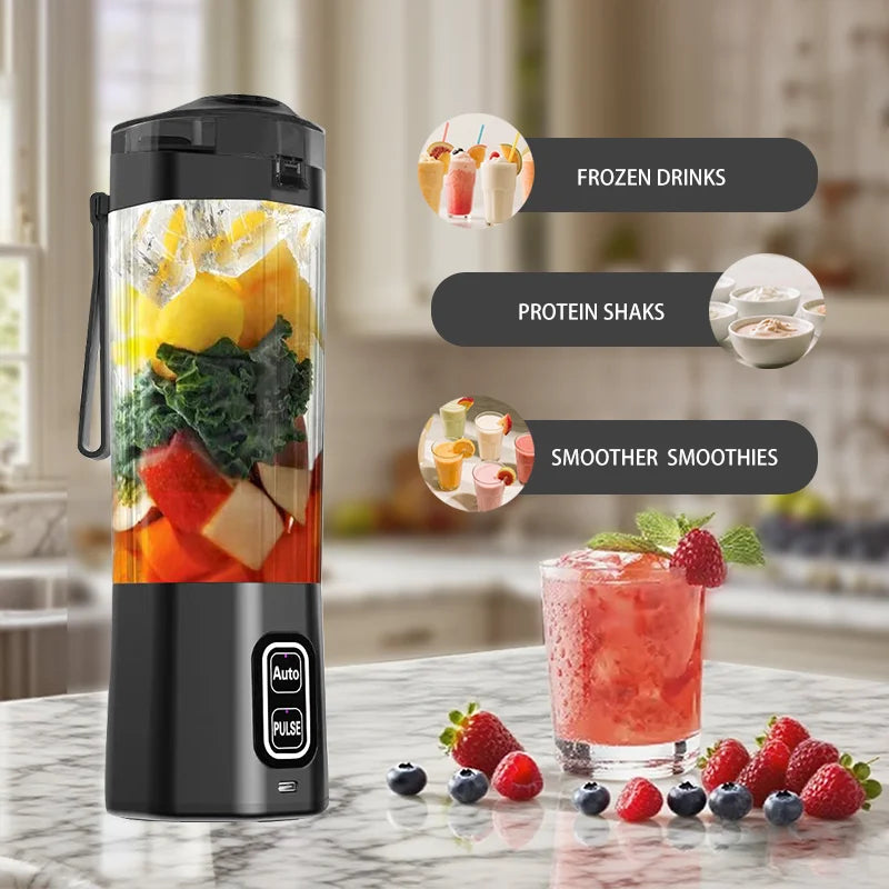 Black portable blender filled with fruit and greens, featuring auto and pulse buttons on a marble countertop.