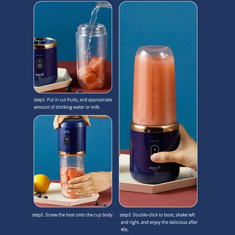 A portable navy blue and gold personal blender showing steps for making a fruit smoothie.