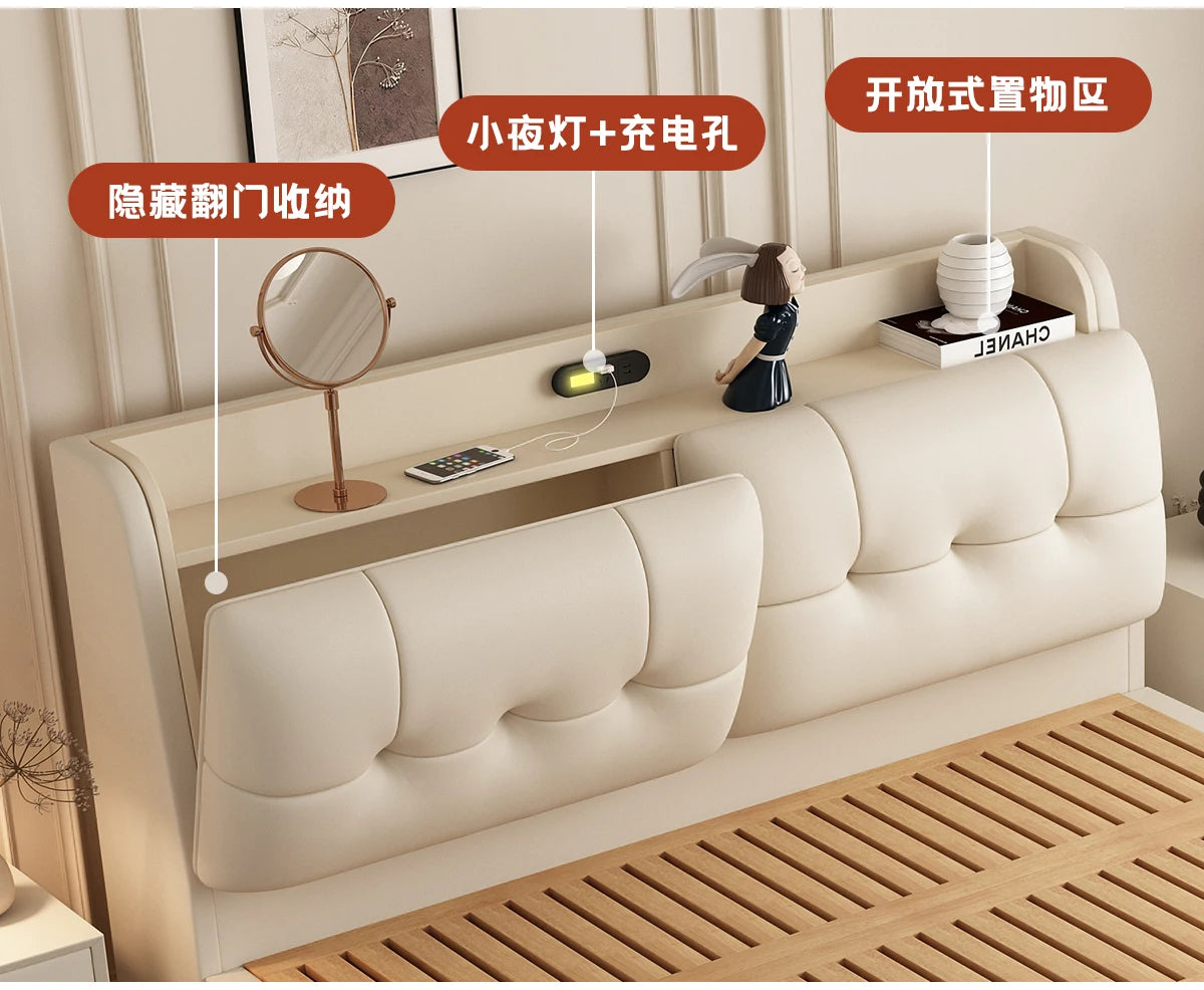 Cream leather bed headboard featuring integrated storage, charging ports, built-in lighting, and hidden compartments.