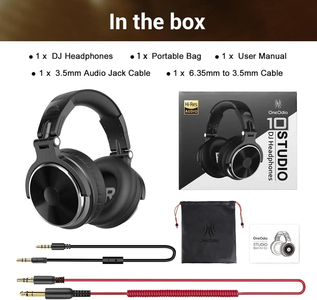 Black over-ear studio DJ headphones, portable bag, and two audio cables with 3.5mm and 6.35mm jacks.