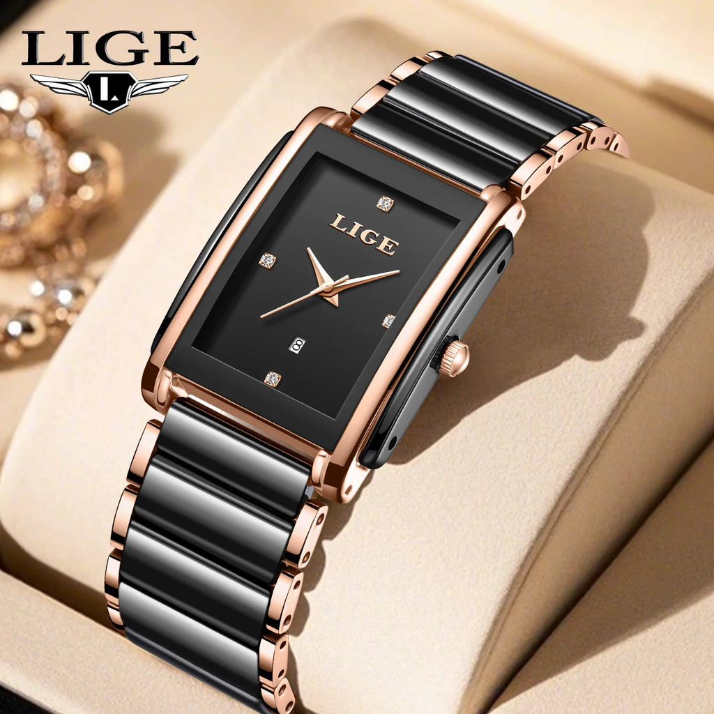LIGE rectangular women's quartz watch with black dial, rose gold hands, crystal markers, and black ceramic strap.