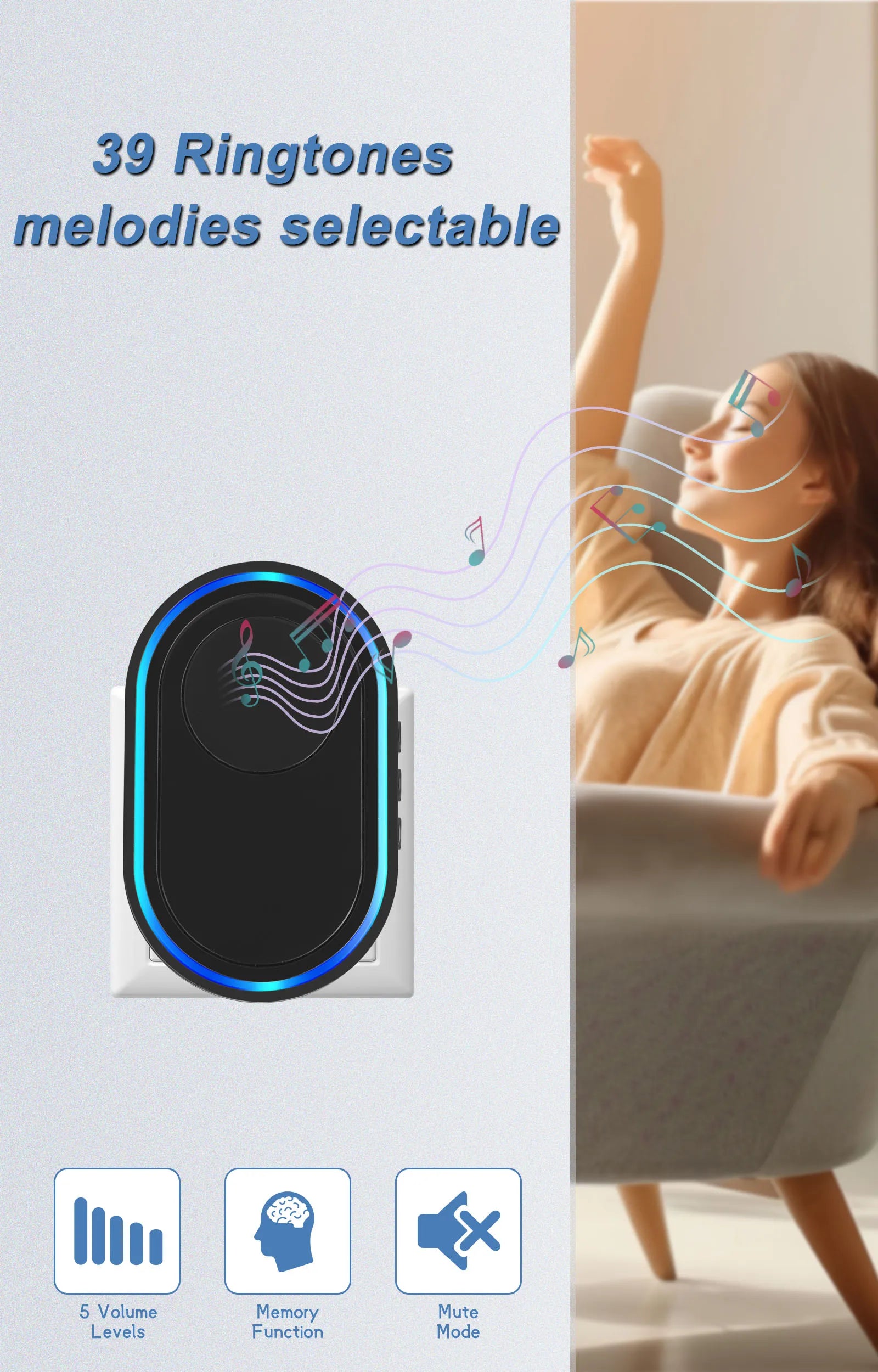 A sleek, black wireless doorbell chime with glowing blue LED trim, shown with volume, memory, and mute icons.