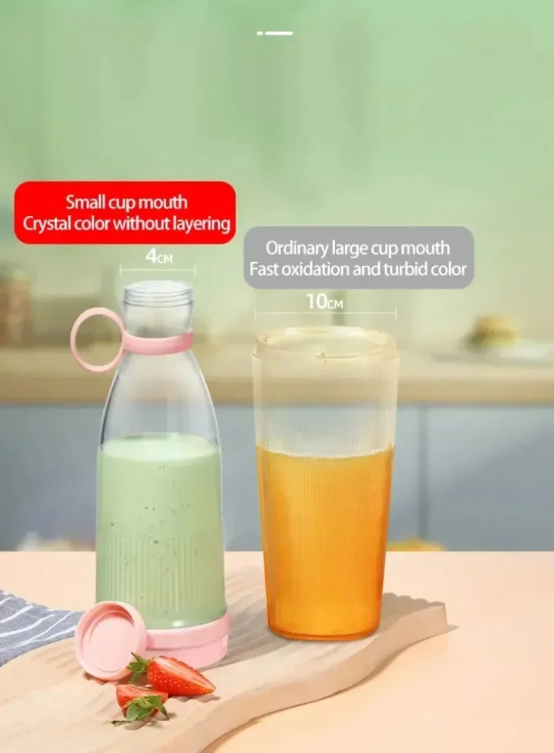 A comparison showing a small-mouth smoothie bottle with a pink handle next to a wide-mouth cup on a wooden board.