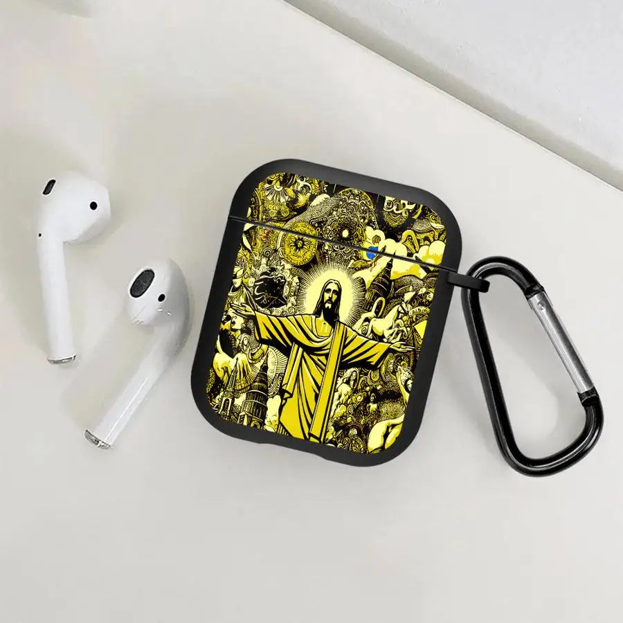 Black protective case for AirPods featuring a yellow Jesus print, includes a black carabiner clip.