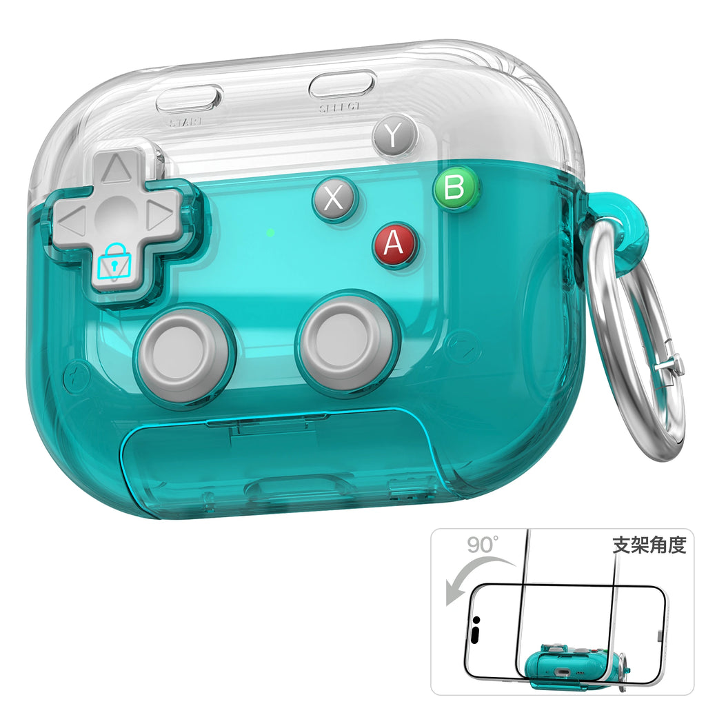Clear teal controller-style silicone case for AirPods Pro, featuring a metal ring and built-in phone stand.