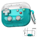 Clear teal controller-style silicone case for AirPods Pro, featuring a metal ring and built-in phone stand.