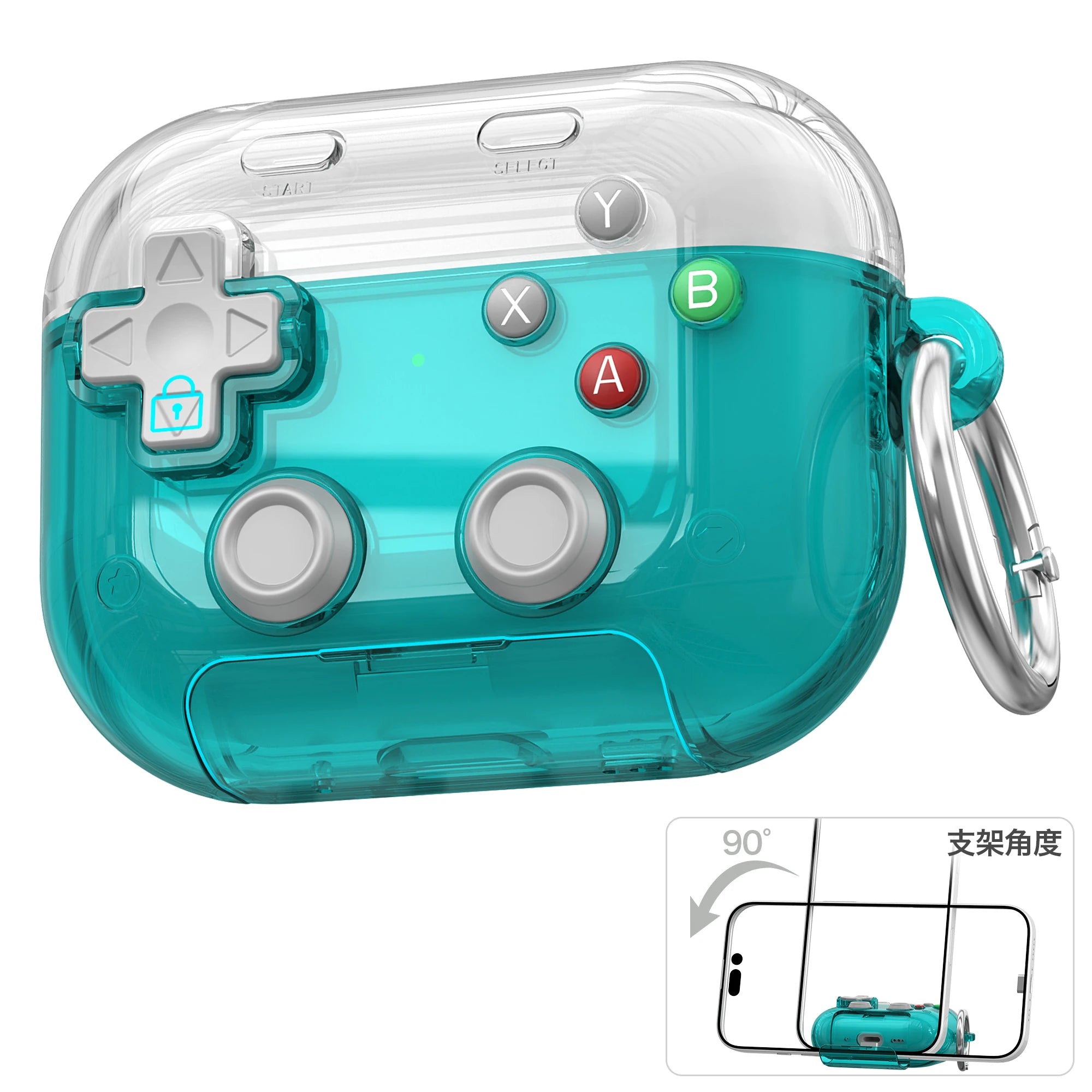 Clear teal controller-style silicone case for AirPods Pro, featuring a metal ring and built-in phone stand.