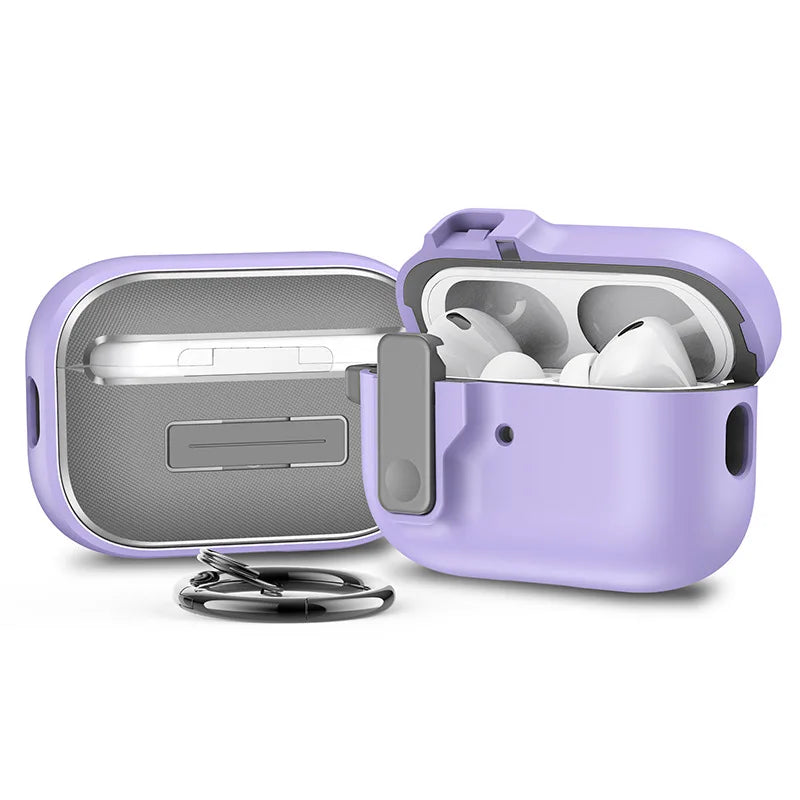 Lilac silicone protective case for AirPods Pro with locking clip and keyring.