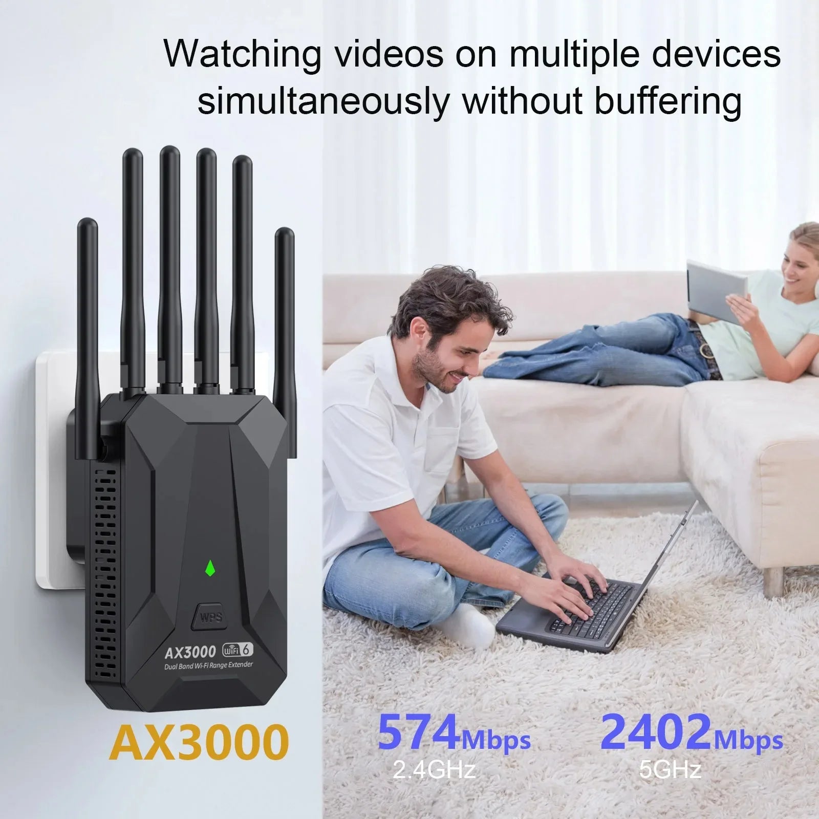 Black dual-band Wi-Fi 6 repeater with five antennas plugged into a wall, showing a couple using devices at home.