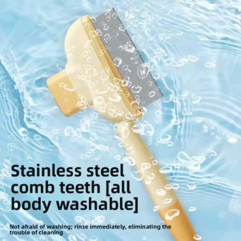Cream-coloured pet grooming brush with stainless steel teeth, shown submerged in water to highlight it is washable.