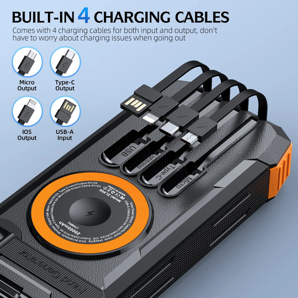 Black and orange solar power bank featuring four built-in charging cables and a central wireless charging pad.