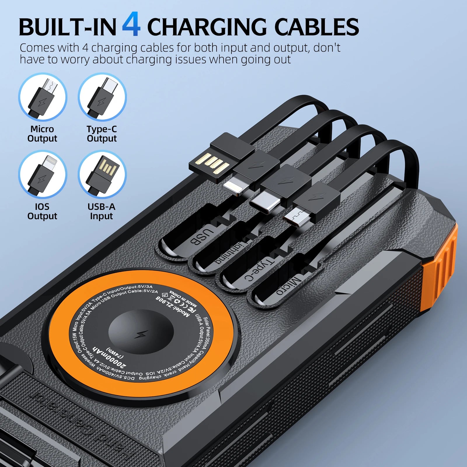 Black and orange solar power bank featuring four built-in charging cables and a central wireless charging pad.
