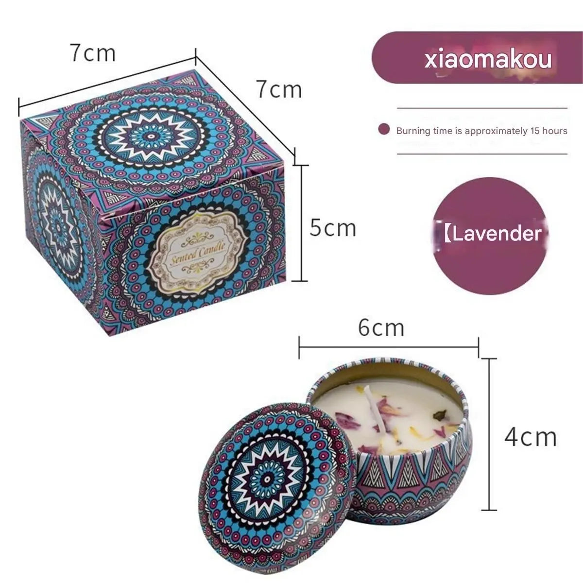 Lavender scented candle in a decorative tin with a blue and purple mandala design, including a matching gift box.