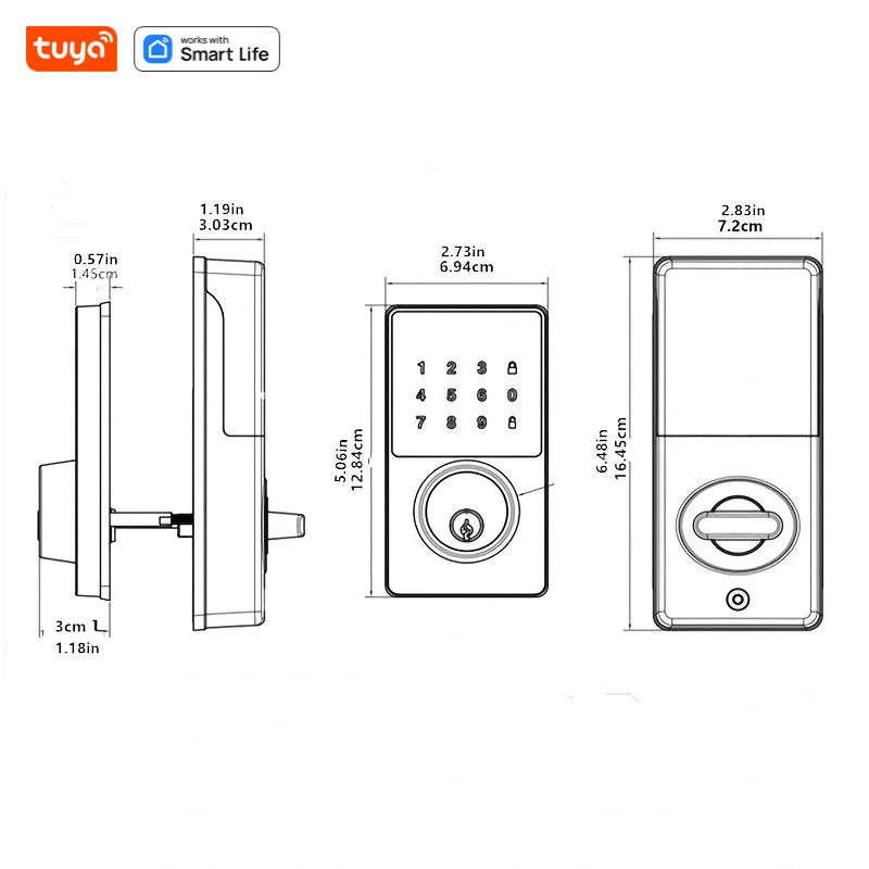 Line drawing of Tuya smart door lock showing dimensions, touchscreen keypad, key cylinder, and thumb turn.
