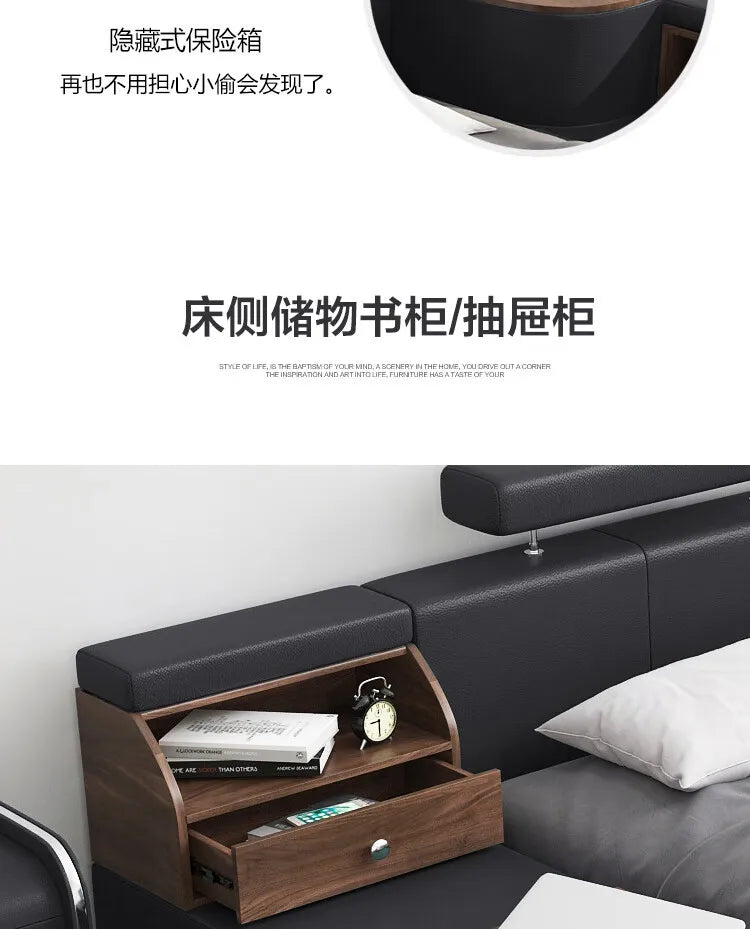 Modern black upholstered bed with integrated dark wood bedside storage shelf and a pull-out drawer.