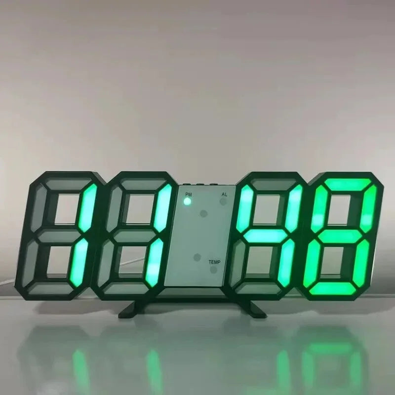 Modern black digital alarm clock with large, glowing green LED numbers, featuring PM, alarm and temperature indicators.