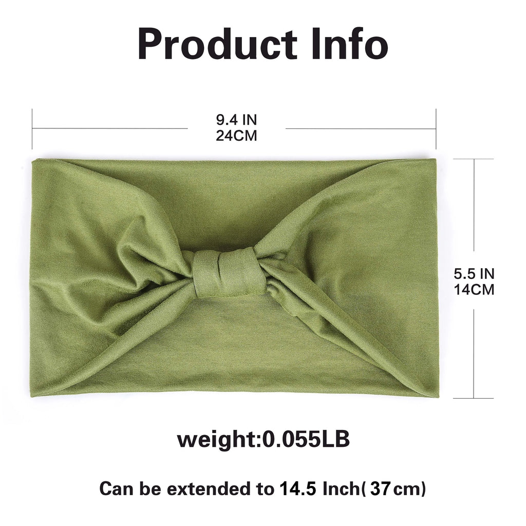 Olive green knotted fabric headband with dimensions shown (24cm x 14cm).