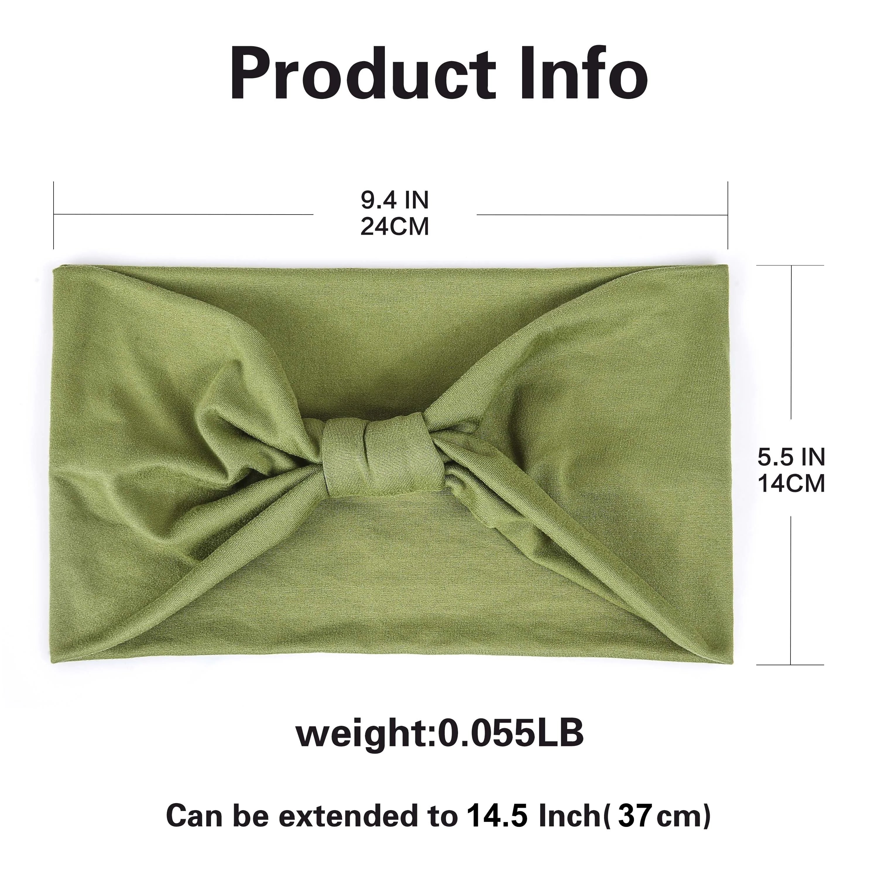Olive green knotted fabric headband with dimensions shown (24cm x 14cm).