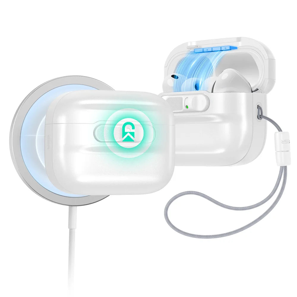 Clear, protective AirPods Pro case with lanyard, MagSafe compatible, shown charging wirelessly.