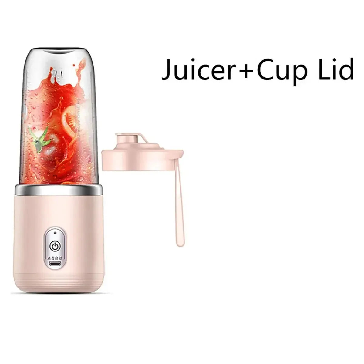 Portable pink personal blender with a clear cup containing tomato juice and a matching pink travel lid.