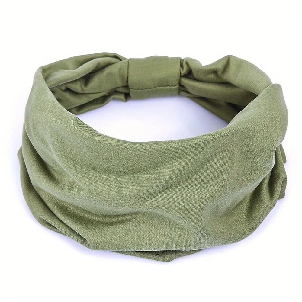 A wide, ruched olive green fabric headband with a central gathered detail on a plain white background.
