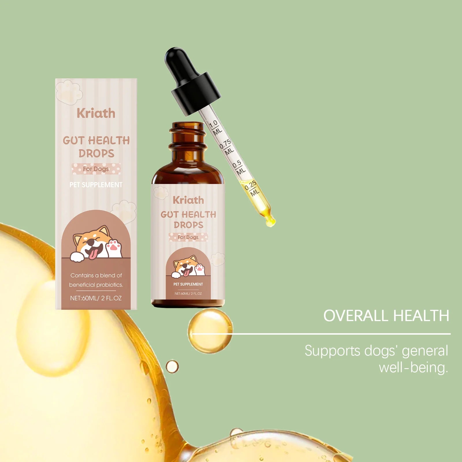 Amber bottle of probiotic gut health drops for dogs, featuring a graduated dropper and illustrated packaging.