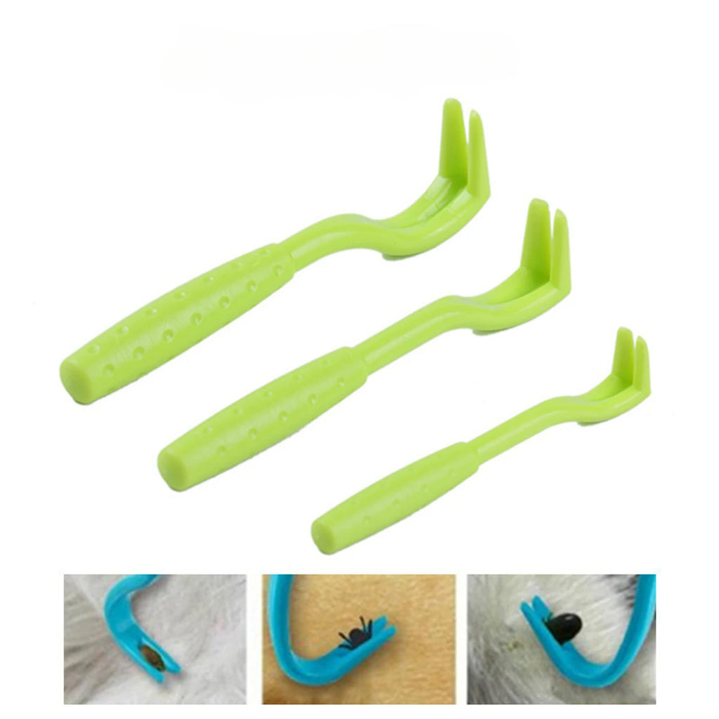 Three lime green plastic tick removal tools in different sizes with textured handles.