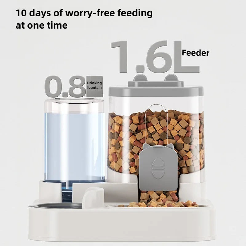White automatic pet feeder and water fountain combo with a 1.6L food hopper and 0.8L clear water tank.