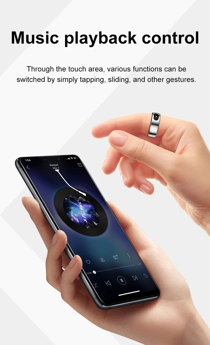 Sleek, silver smart health tracking ring on a finger, being used as a gesture-controlled remote for a smartphone.