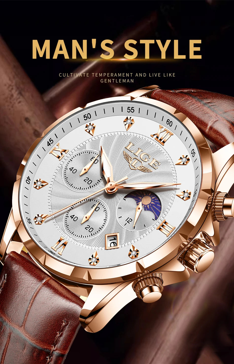 Men’s classic chronograph watch with a white textured dial, gold-tone case, and brown leather strap.