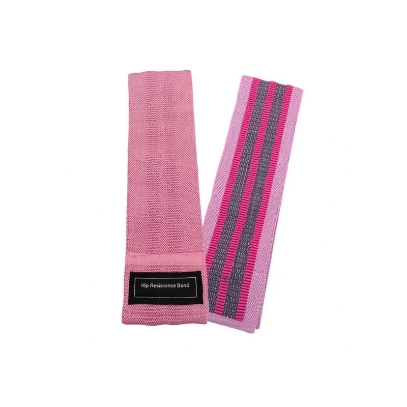 Two pink fabric hip resistance bands, one with a black label, the other with two grey stripes.