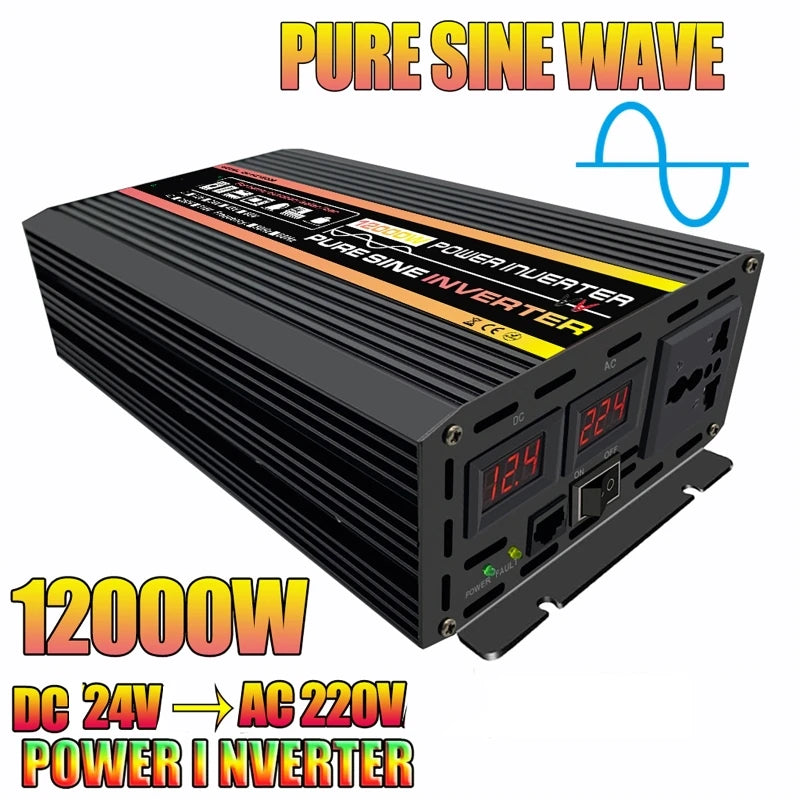Black 12000W pure sine wave power inverter with dual digital displays, power switch, and AC/DC outlets.