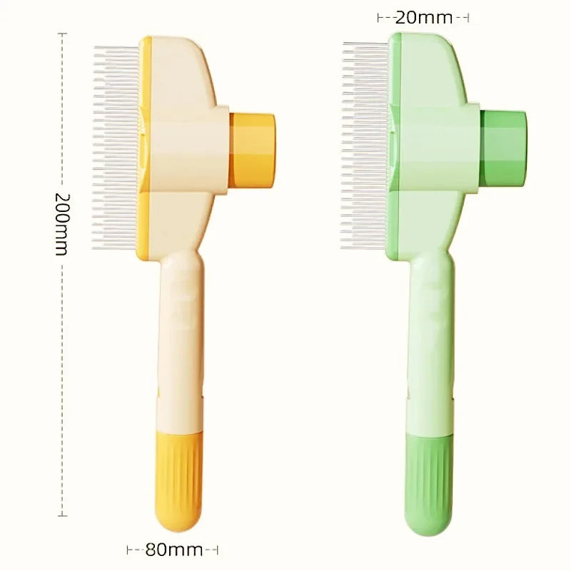 Two pet grooming combs with metal bristles, one in yellow and cream, the other in two shades of green.