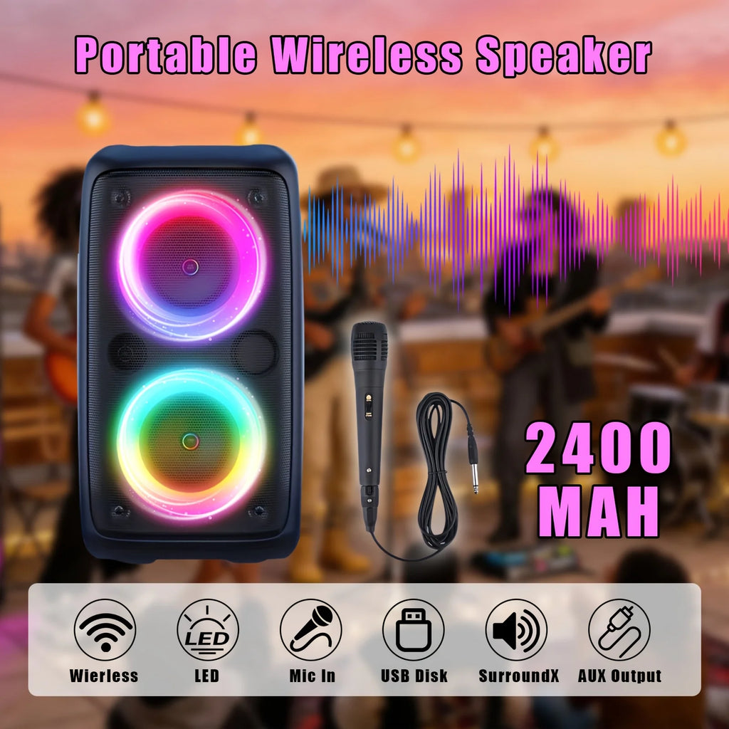 Portable black wireless speaker with dual multi-coloured LED rings and an included wired microphone.