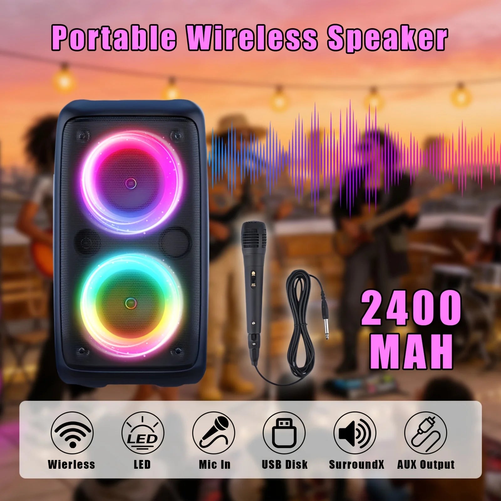 Portable black wireless speaker with dual multi-coloured LED rings and an included wired microphone.