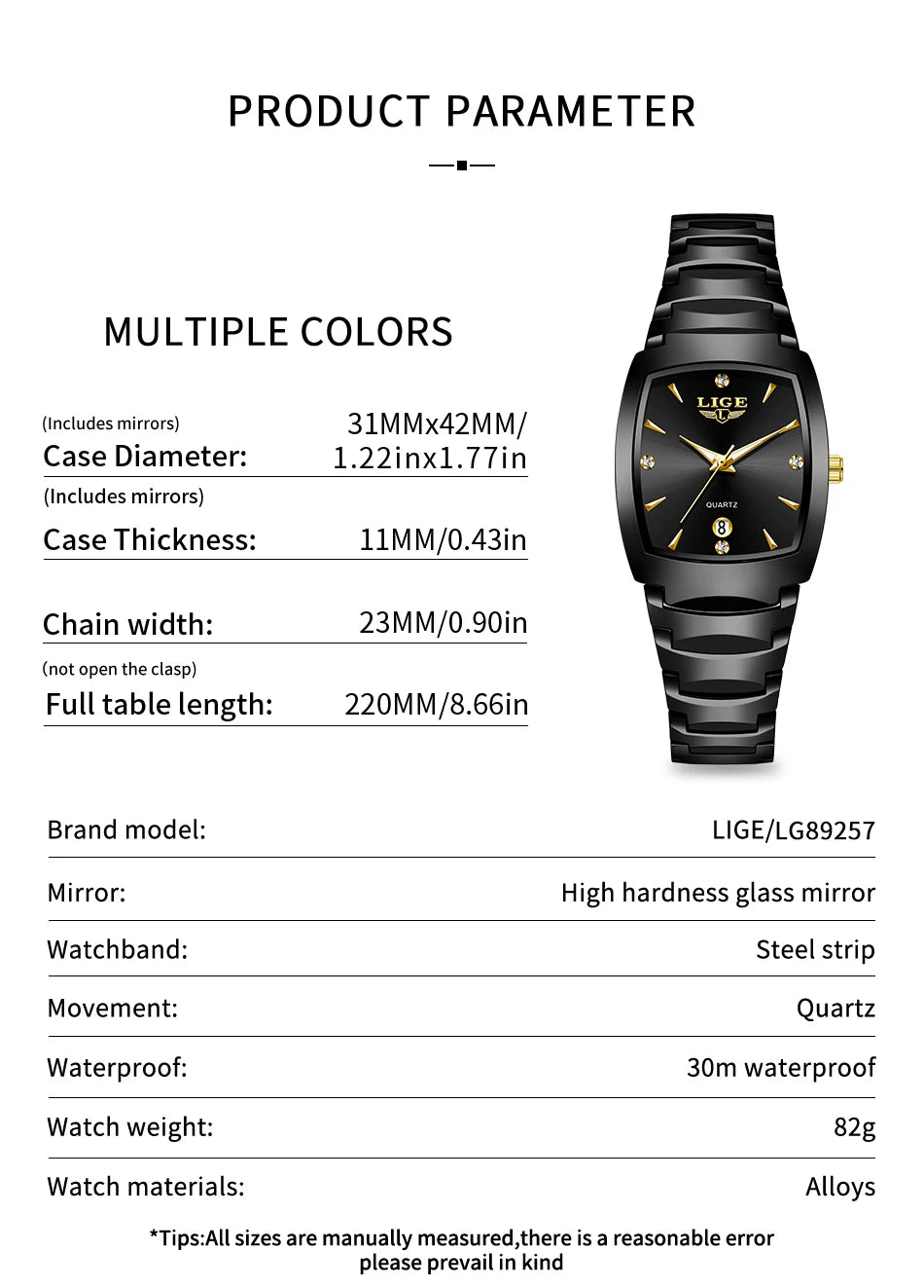Elegant black ladies' stainless steel quartz watch with gold-tone hands, crystal markers and a date window.