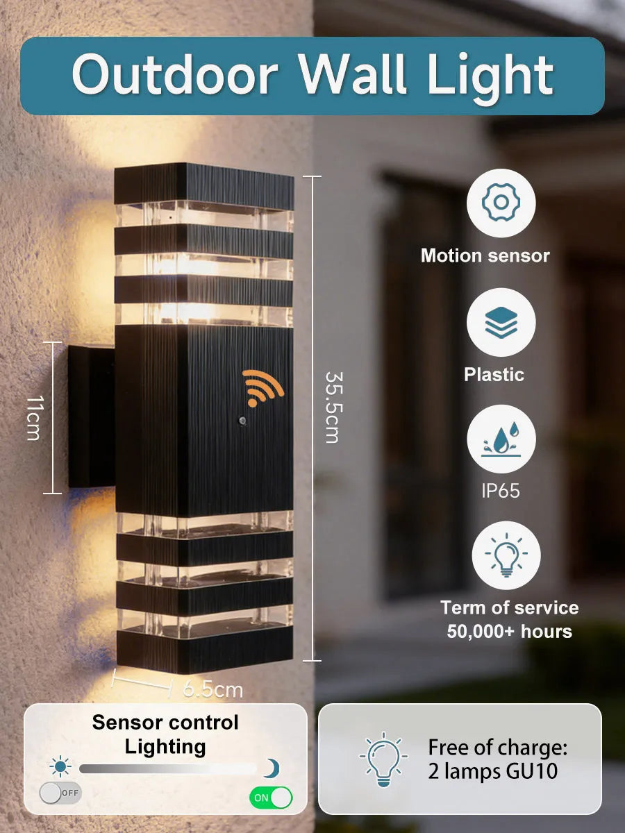 Modern black outdoor LED wall light with motion sensor and clear panelling. IP65 waterproof rating, 35.5cm tall.
